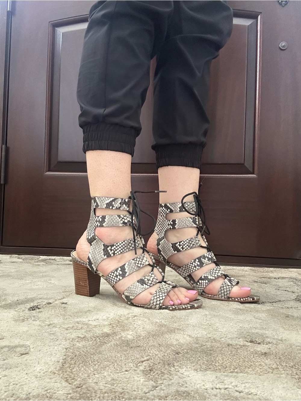 Marc Fisher Snake-Print Lace-Up Block Heel Sandals in Neutral